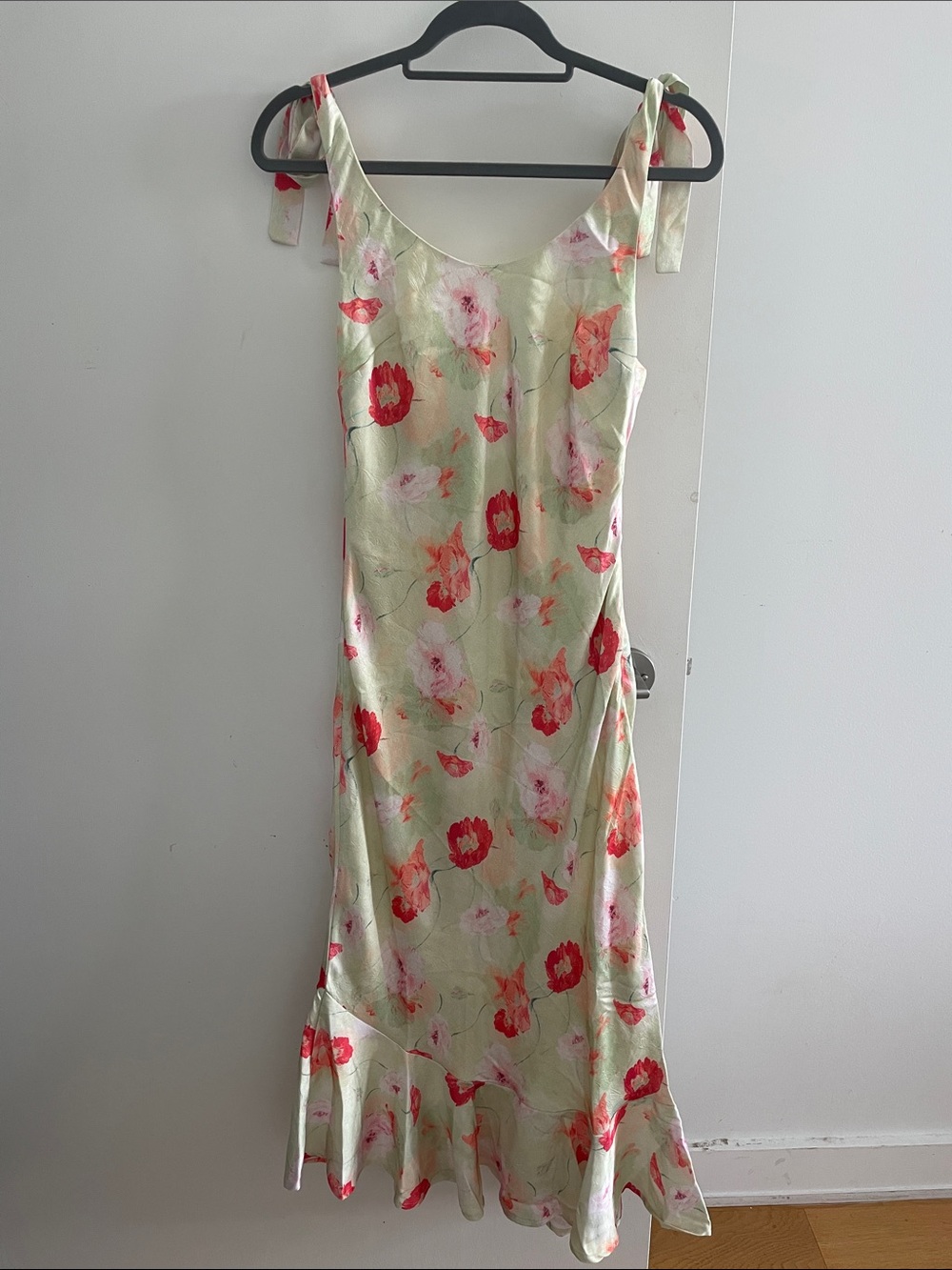 emory park Light Green Floral Tie-Shoulder Slip Dress with Red Blooms